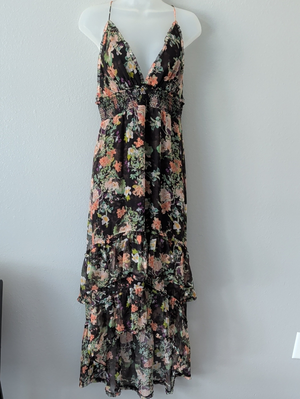 NWOT Alice + Olivia High Low Black Floral Tiered Maxi Dress